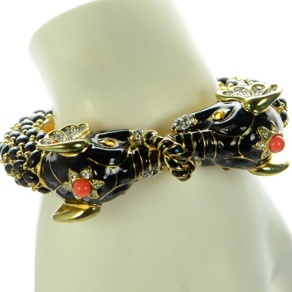 Kenneth Jay Lane KJL Black Cabochon Crystal Elephant Cuff Bracelet - Picture 2 of 7